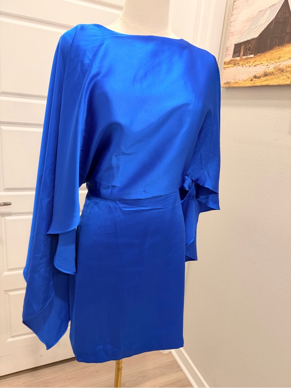 Zara Royal Blue Satin Cape-Sleeve Dress NWT - Picture 3 of 11
